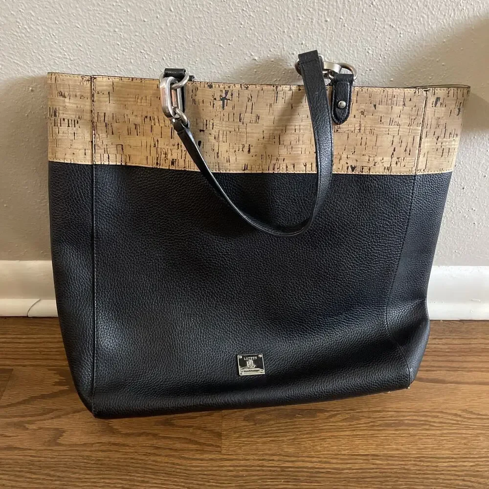 Lauren Ralph Lauren Tote Bag Cork Trim Black Faux Leather Shoulder Bag Purse